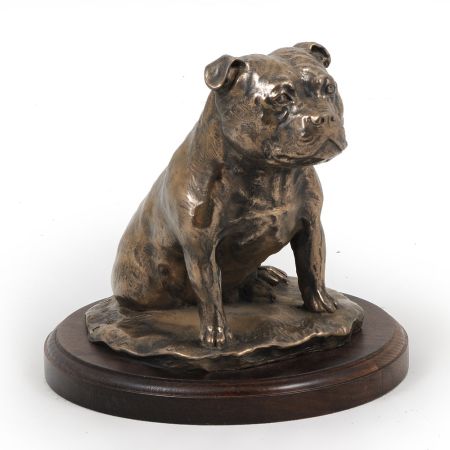 Staffordshire Bull Terrier statue on wooden base