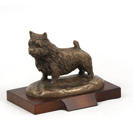Norwitch Terrier statue on wooden base