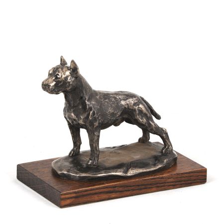 American Staffordshire Terrier statue on wooden base