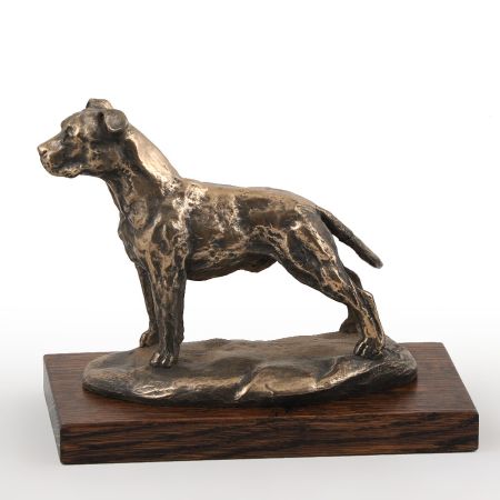 American Staffordshire Terrier statue on wooden base